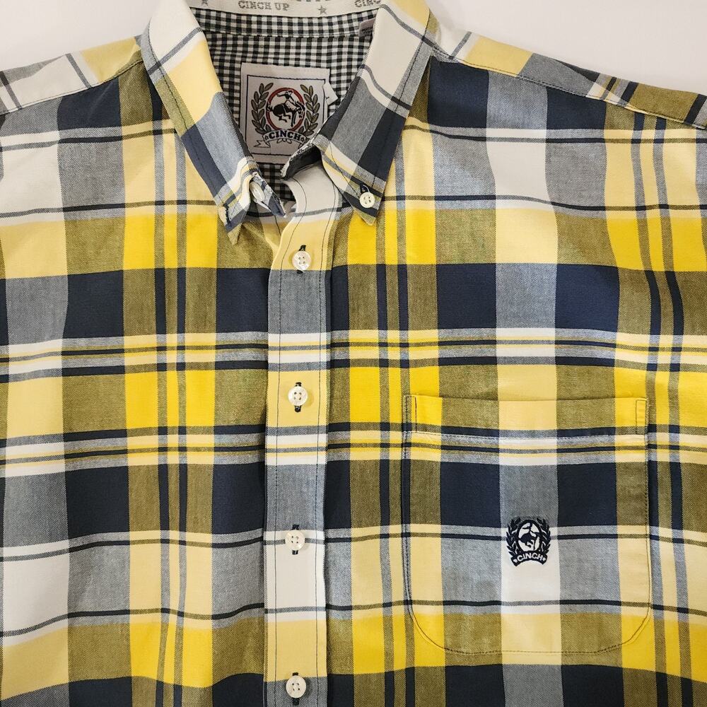 A36 Cinch Shirt Mens XL Black White Yellow Western Plaid Cotton Button-Down